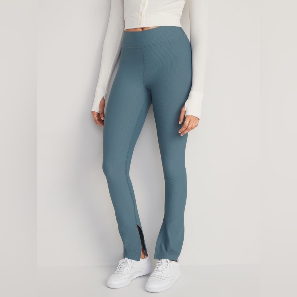 Extra High Waisted PowerSoft Rib-Knit Split Flare Leggings (Ocean Shale)